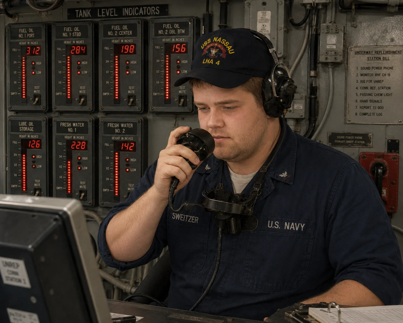 Brandon Sweitzer depicted at a naval engineering watchstation using a sound-powered phone