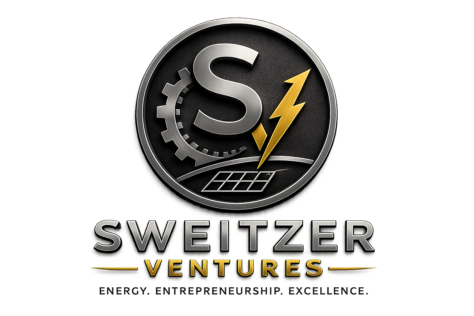 Original Sweitzer Ventures logo with a round silver and gold SV emblem, gear, lightning bolt, solar panel, company name, and tagline